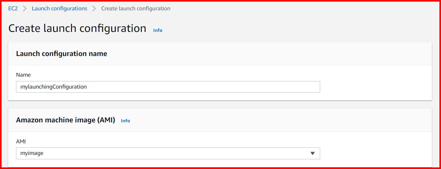 Picture showing the create launch configuration screen for entering the name and AMI